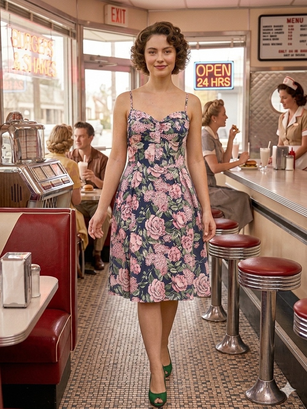 Collectif Retro Style Dress Navy with Floral Print Roses and Hydrangeas Medium